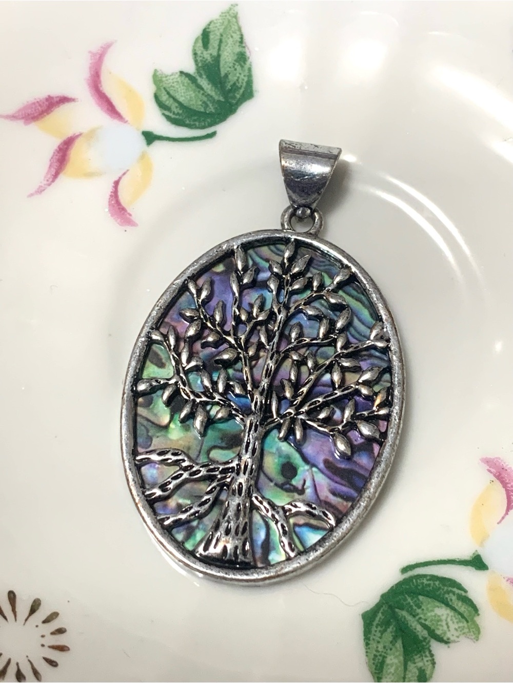 Tree of Life Abalone Inlay Pendant - Iridescent Purple & Green